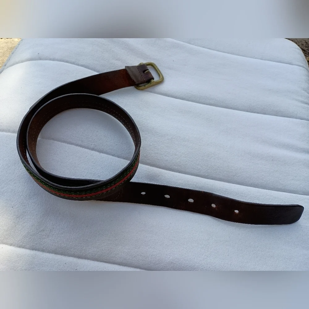 Vintage Dooney & Bourke Brown Leather Belt with Green and Red Stripes_32